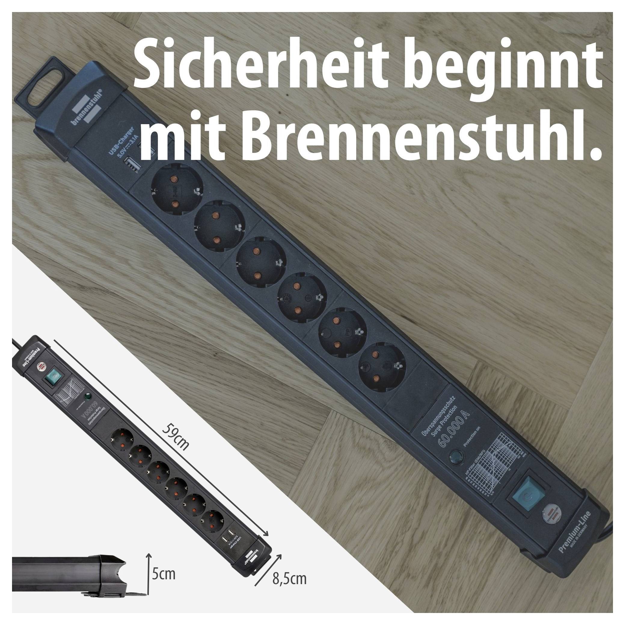 Werbeanzeige für eine Brennenstuhl-Steckdosenleiste mit sechs Steckplätzen; Text: 'Sicherheit beginnt mit Brennenstuhl.'