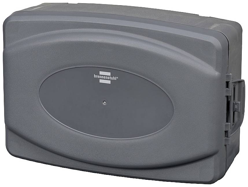 Grauer, rechteckiger Kabelbox mit abgerundeten Kanten und 'brennenstuhl' Logo in der Mitte, seitlicher Verschluss sichtbar.