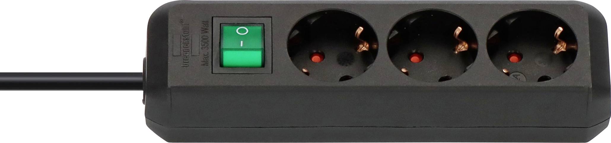 Schwarze Steckerleiste mit drei EU-Steckdosen und einem grünen Ein-/Ausschalter, mit angeschlossenem Kabel auf der linken Seite.