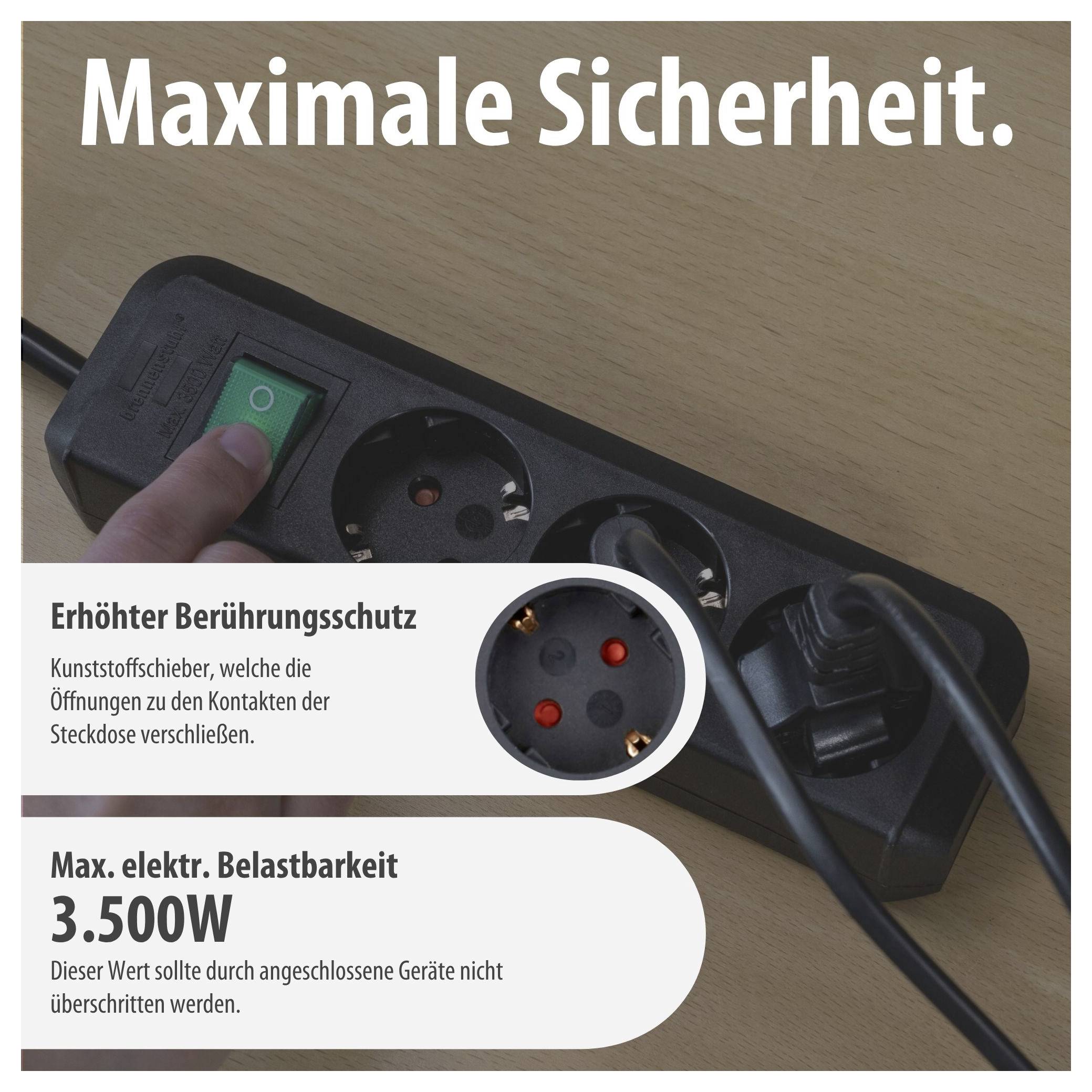 Werbegrafik einer Steckdosenleiste mit dem Titel 'Maximale Sicherheit.'; betont Berührungsschutz und max. elektrische Belastbarkeit von 3.500 W.