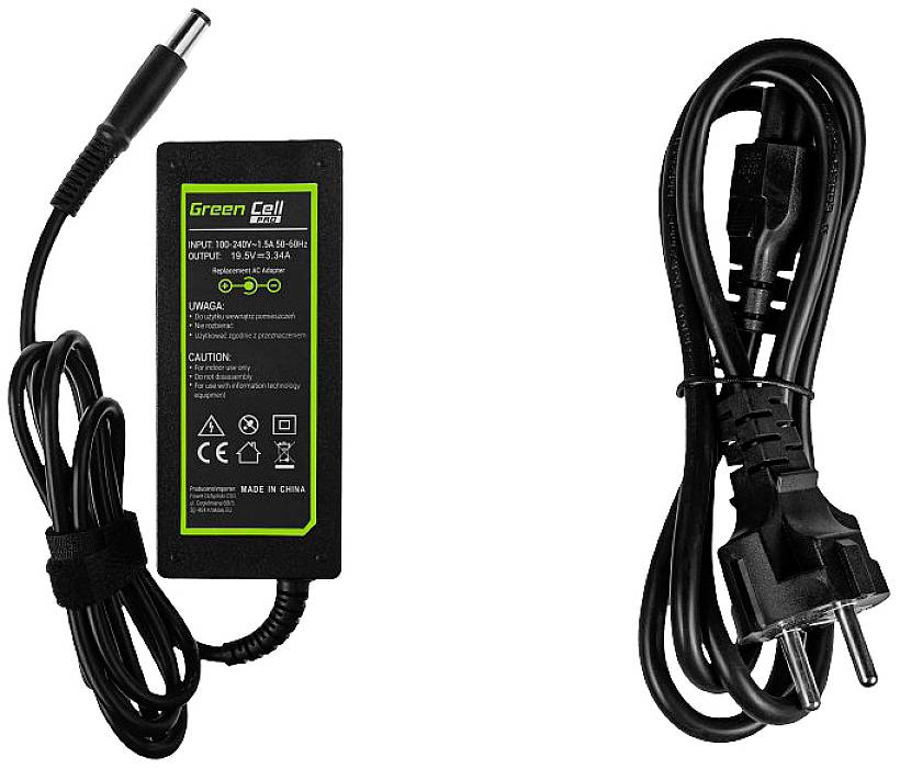 Netzteil und Stromkabel, gekennzeichnet mit technischen Daten. Geeignet für elektronische Geräte. Marke 'Green Cell'.