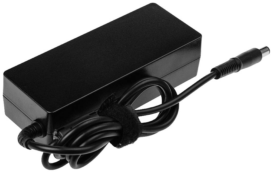 Ein schwarzes Laptop-Netzteil mit angeschlossenem Kabel. Das Kabel ist aufgerollt und mit einem Klettverschluss gesichert.
