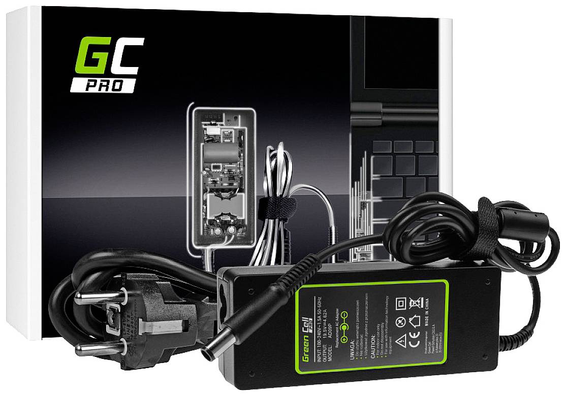 Netzteil für Laptop. Abgebildet sind der Adapter mit Kabel und Stecker vor einer Verpackung mit technischer Illustration des Netzteils.