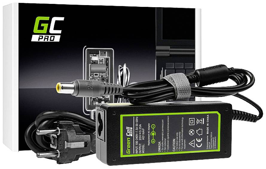 Laptop-Netzteil mit Stecker und Kabel, verpackt in einer Box mit Aufschrift 'GC Pro'. Hauptmerkmale sind Spezifikationen und Sicherheitszeichen.