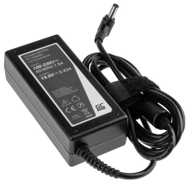 Netzteiladapter mit Netzkabel und Etikett, auf dem Spezifikationen wie 100-230V, 50/60Hz, 1,5A, 19V, 3,42A angezeigt werden.