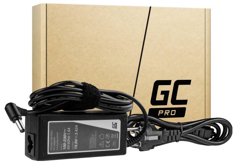 Ein schwarzes Netzteil mit Kabeln liegt vor einer braunen Verpackung mit dem Aufdruck 'GC Pro'.