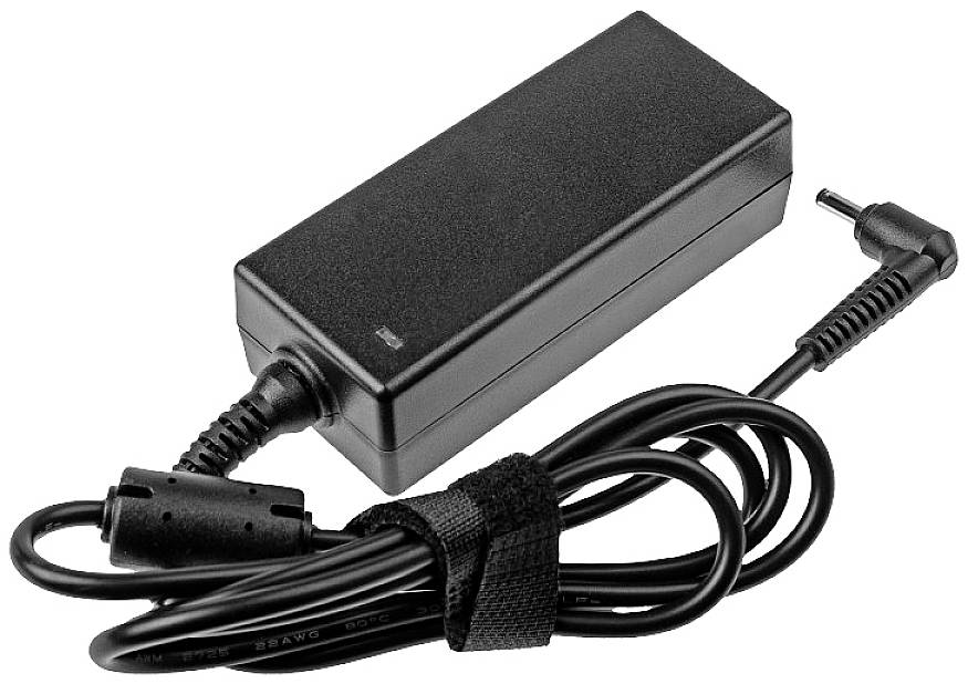 Ein rechteckiges schwarzes Laptop-Netzteil mit einem daran angeschlossenen Kabel, gewickelt mit Klettverschluss.