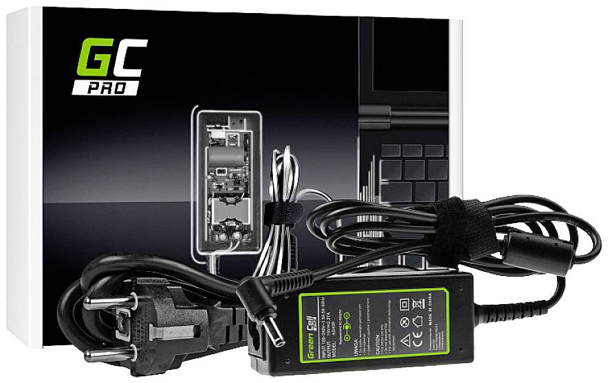 Laptop-Netzteil und Stromkabel vor einer Verpackung mit Produktdesign und technischen Details.