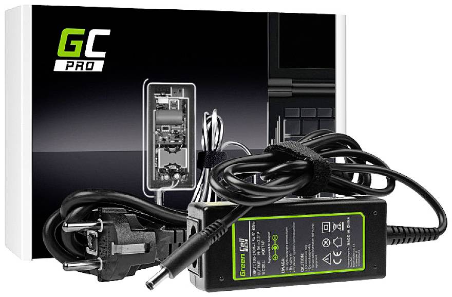 'Ladegerät mit Netzstecker und Kabel vor einer Verpackung mit der Aufschrift 