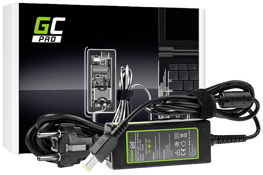 Netzteil und Kabel vor einer Verpackung mit technischen Zeichnungen. Geeignet für Laptops, mit EU-Stecker und technischen Spezifikationen.