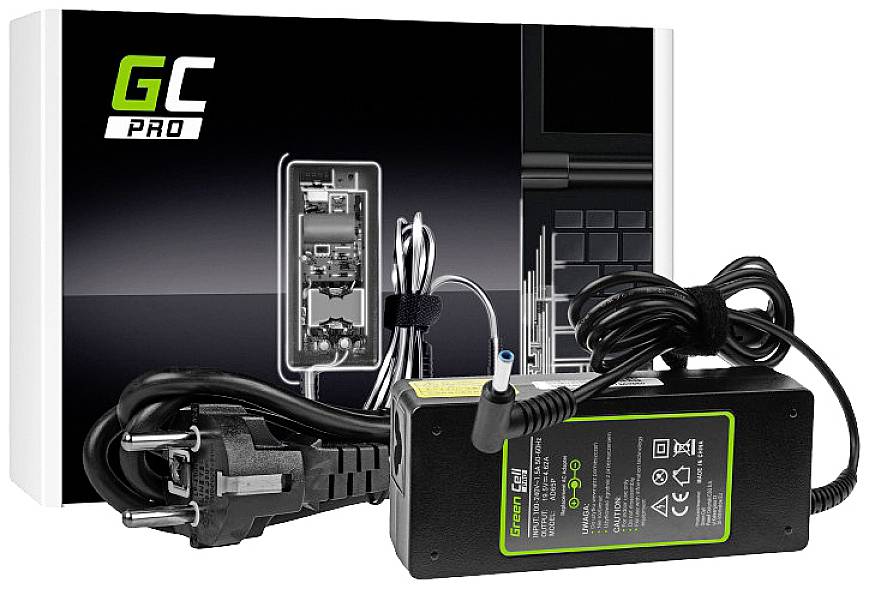 Laptop-Netzteil mit Kabel, Stecker und Verpackung einer Marke. Darauf sind technische Daten und ein Abbild von Laptop-Komponenten zu sehen.