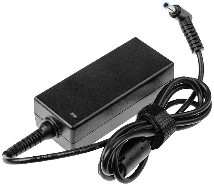 Ein schwarzes Laptop-Netzteil mit einem flexiblen Kabel und einem runden Stecker, der für den Anschluss an ein Laptop geeignet ist.