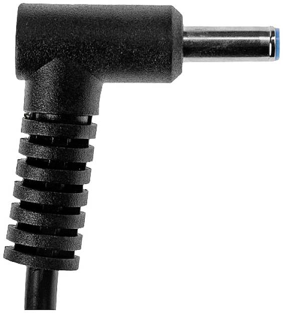 Ein rechtwinkliger, schwarzer Netzteilstecker.