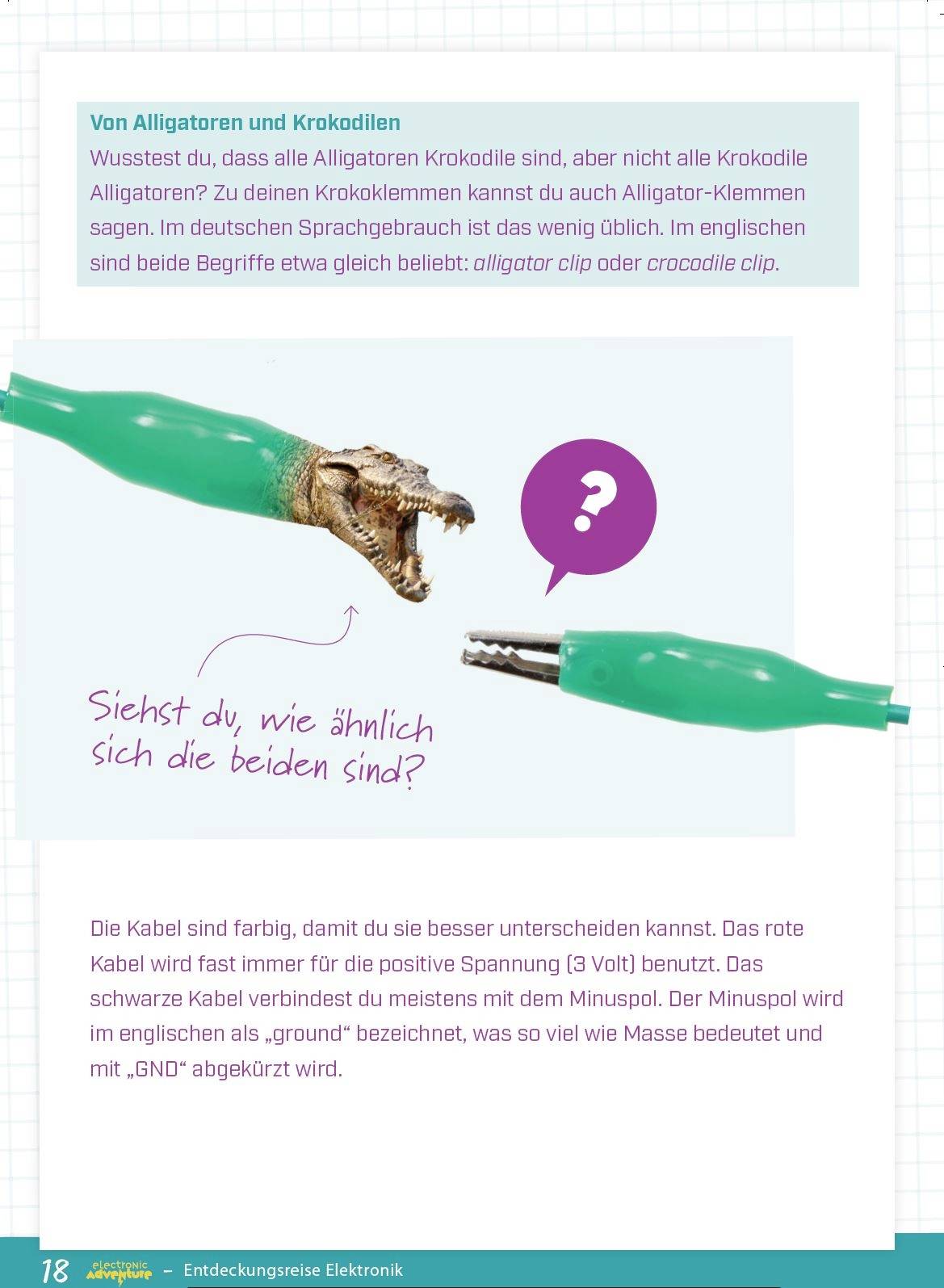 'Von Alligatoren und Krokodilen' - Bild zeigt ein Krokodilmaul und einen Krokodilklemmenclip. Text fragt: 'Siehst du, wie ähnlich sich die beiden sind?'