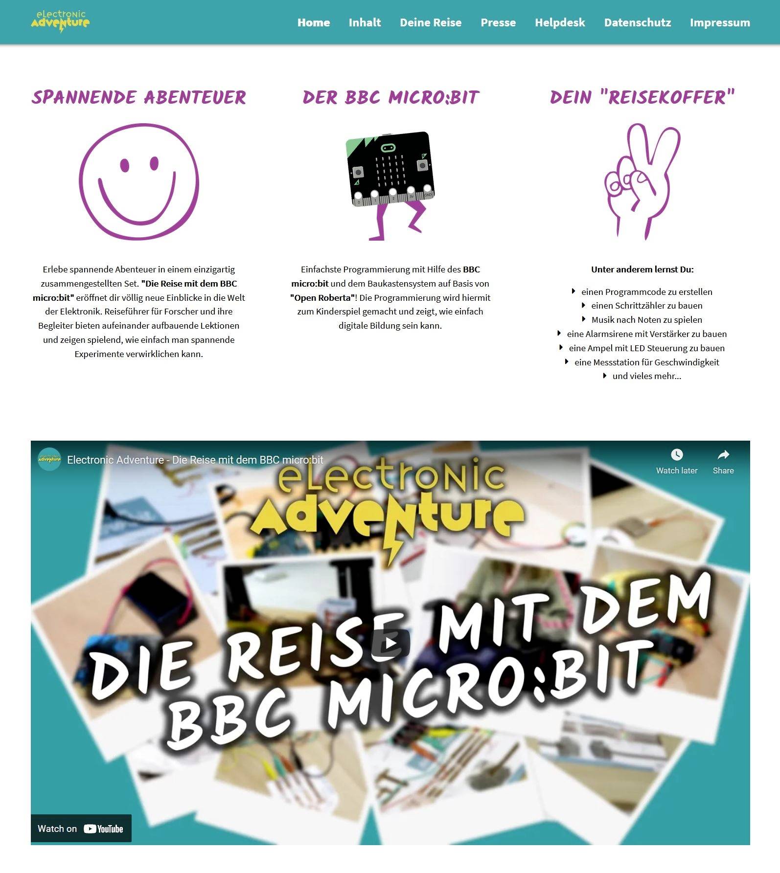 Eine Webseite über 'Electronic Adventure' mit dem BBC micro:bit zeigt Symbole und Beschreibungen von spannenden Abenteuern und Programmierung. Darunter ein Video mit dem Titel 'Die Reise mit dem BBC micro:bit'.