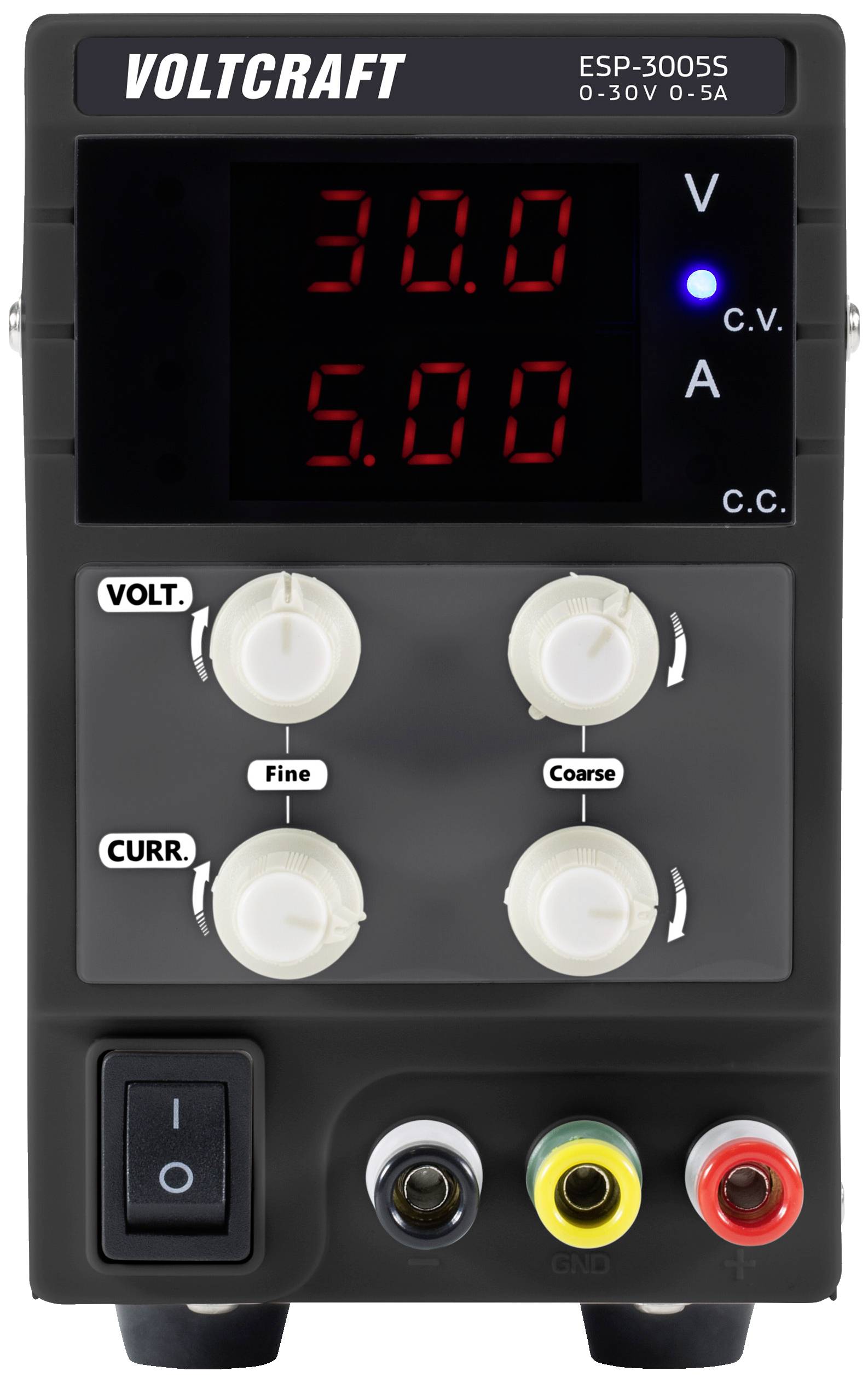 'Voltcraft ESP-3005S', ein Labornetzteil mit digitaler Anzeige für Spannung (0-30V) und Strom (0-5A), zwei Drehknöpfe für grobe und feine Einstellung, Schalter und Anschlüsse unten.