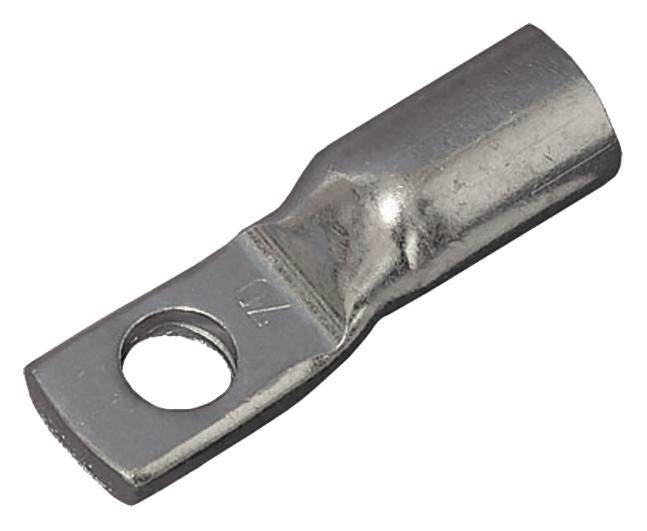 Silberner Kabelschuh aus Metall mit einem Loch für Schraubbefestigung, zur elektrischen Verbindung von Kabeln eingesetzt.