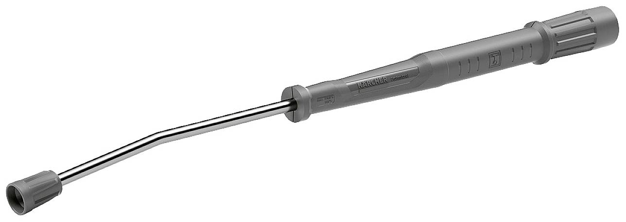 Ein Drehmomentschlüssel mit einem grauen Griff und einer gebogenen Metallstange, verwendet zum genauen Anziehen von Schrauben.