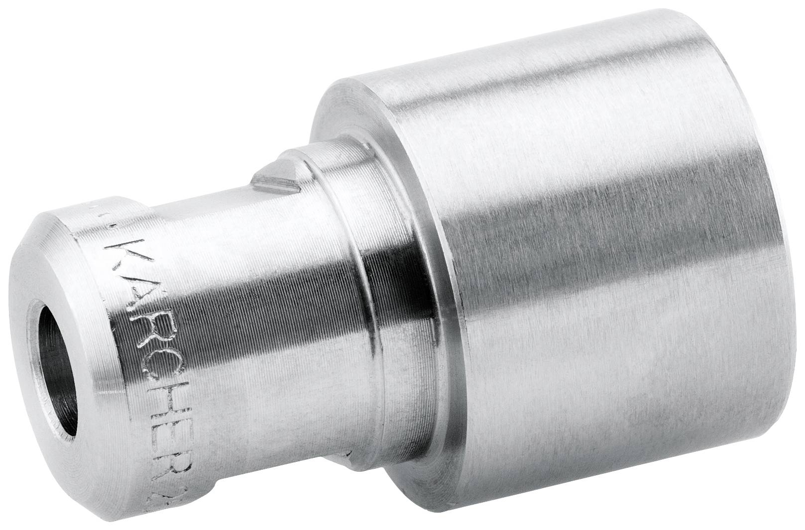 Silbernes, zylindrisches Metallteil mit 'KÄRCHER' graviert; dient als Anschluss oder Adapter in einem technischen oder industriellen Kontext.