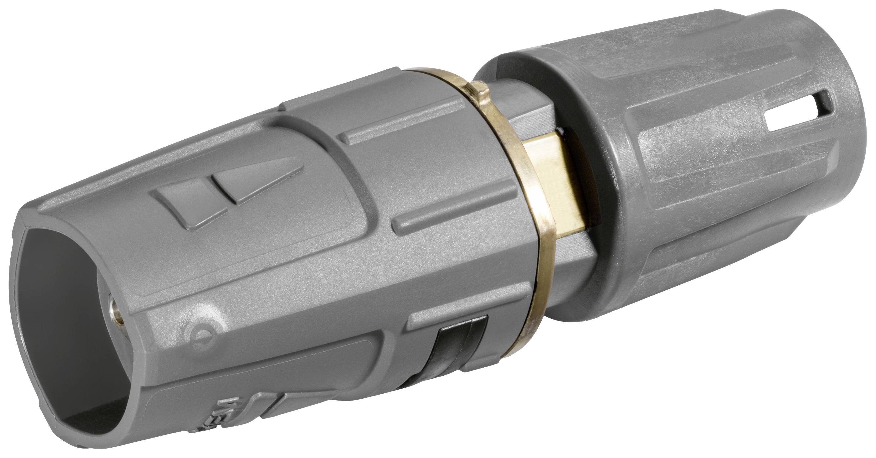 Grauer Kunststoffstecker mit metallischem Ring, geeignet für industrielle elektrische Verbindungen.