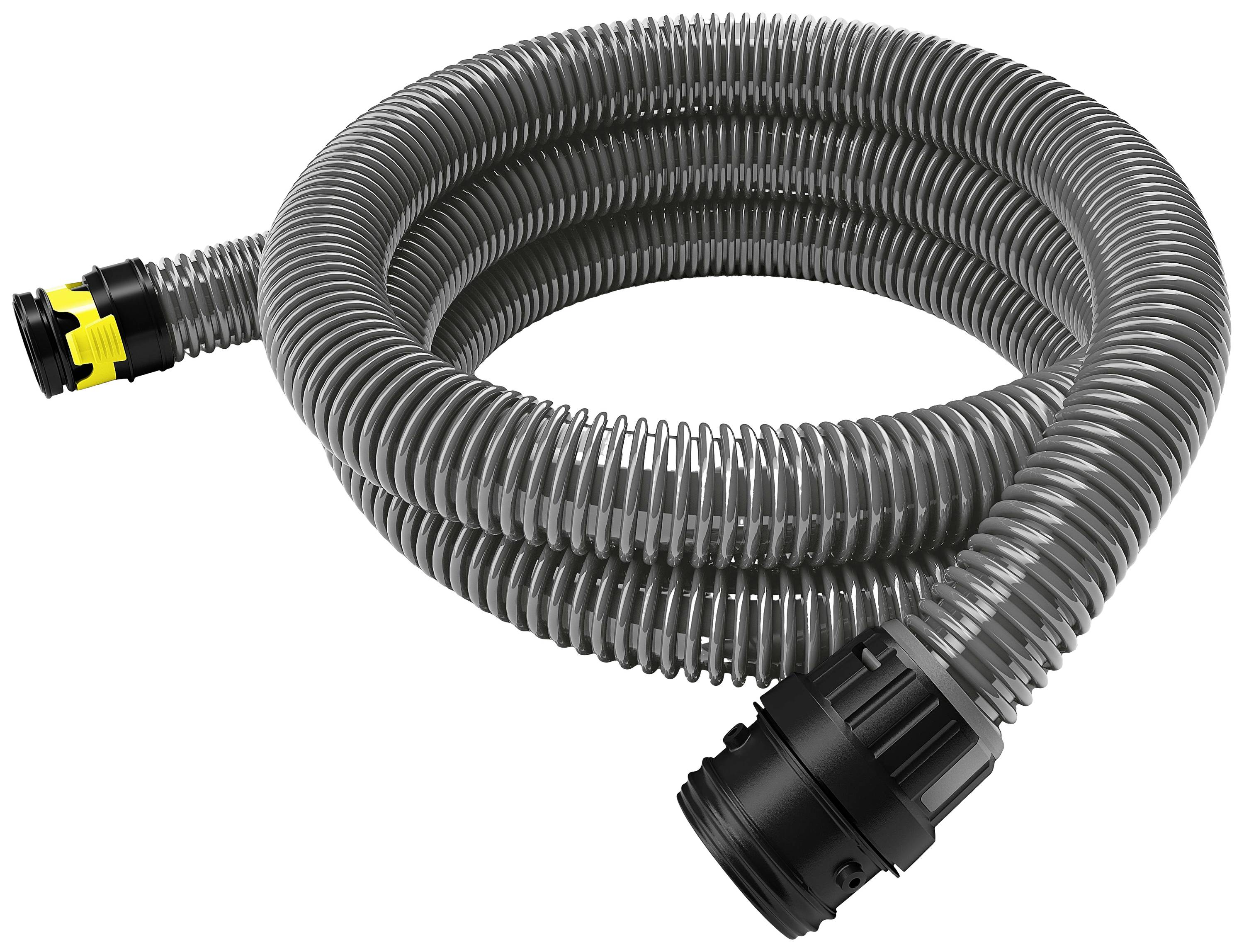 Grauer, flexibler Wellschlauch mit schwarzen Anschlüssen an beiden Enden, verwendet für Wasserleitung oder Belüftungssysteme.