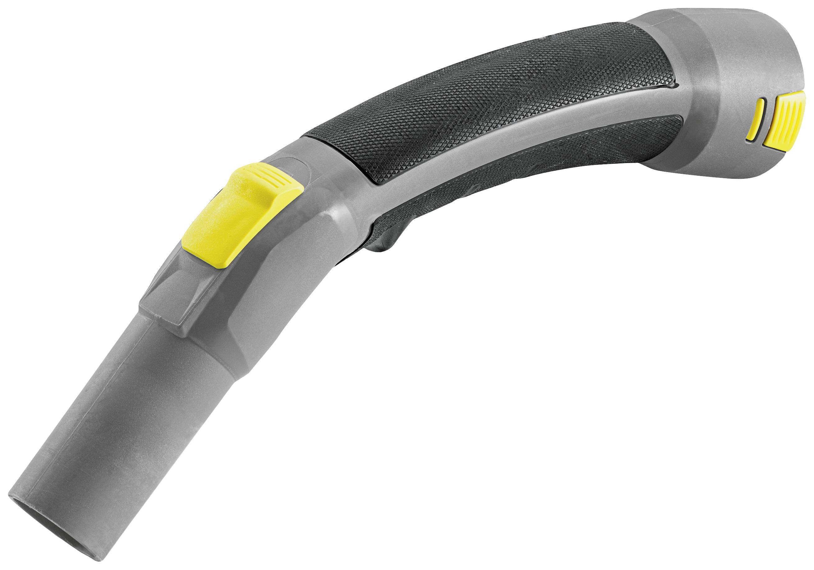 Ein gebogener, grauer Staubsaugergriff mit schwarzem Grip und gelben Bedienelementen, geeignet für Komfort und einfache Handhabung.