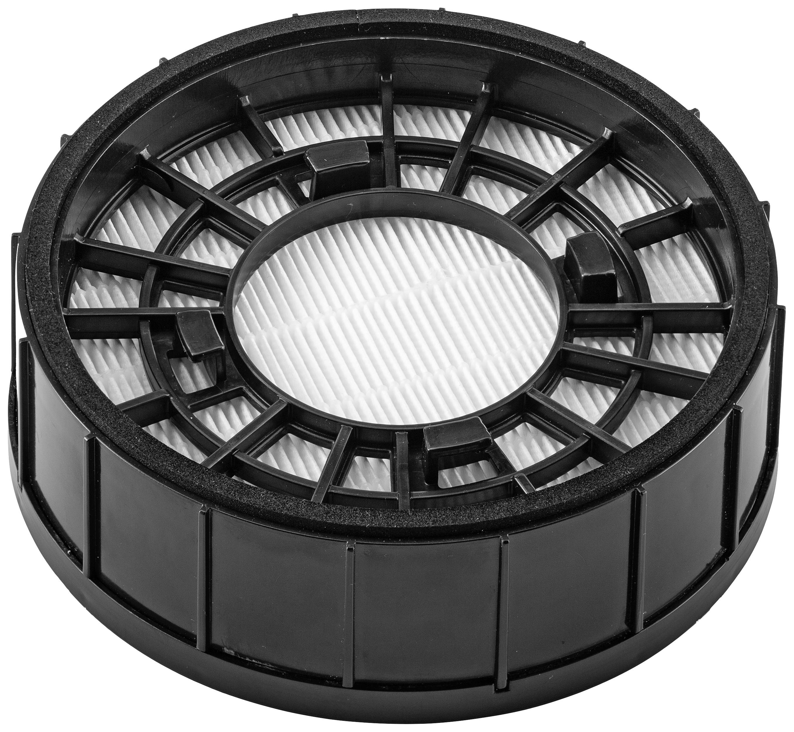 Runder schwarzer Filter mit weißem Faltmaterial, möglicherweise ein Luft- oder Staubfilter für Geräte oder Maschinen.