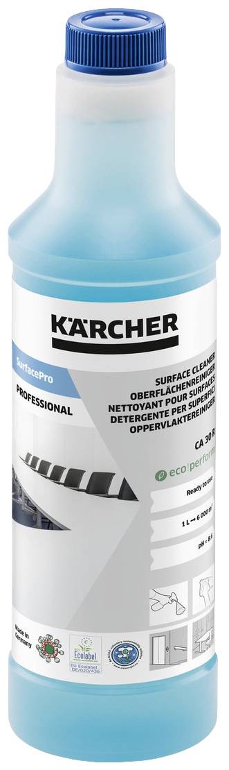 Reinigungsmittelflasche mit blauem Inhalt, Marke 'Kärcher', Etikett mit Anwendungshinweisen und Umweltzeichen.