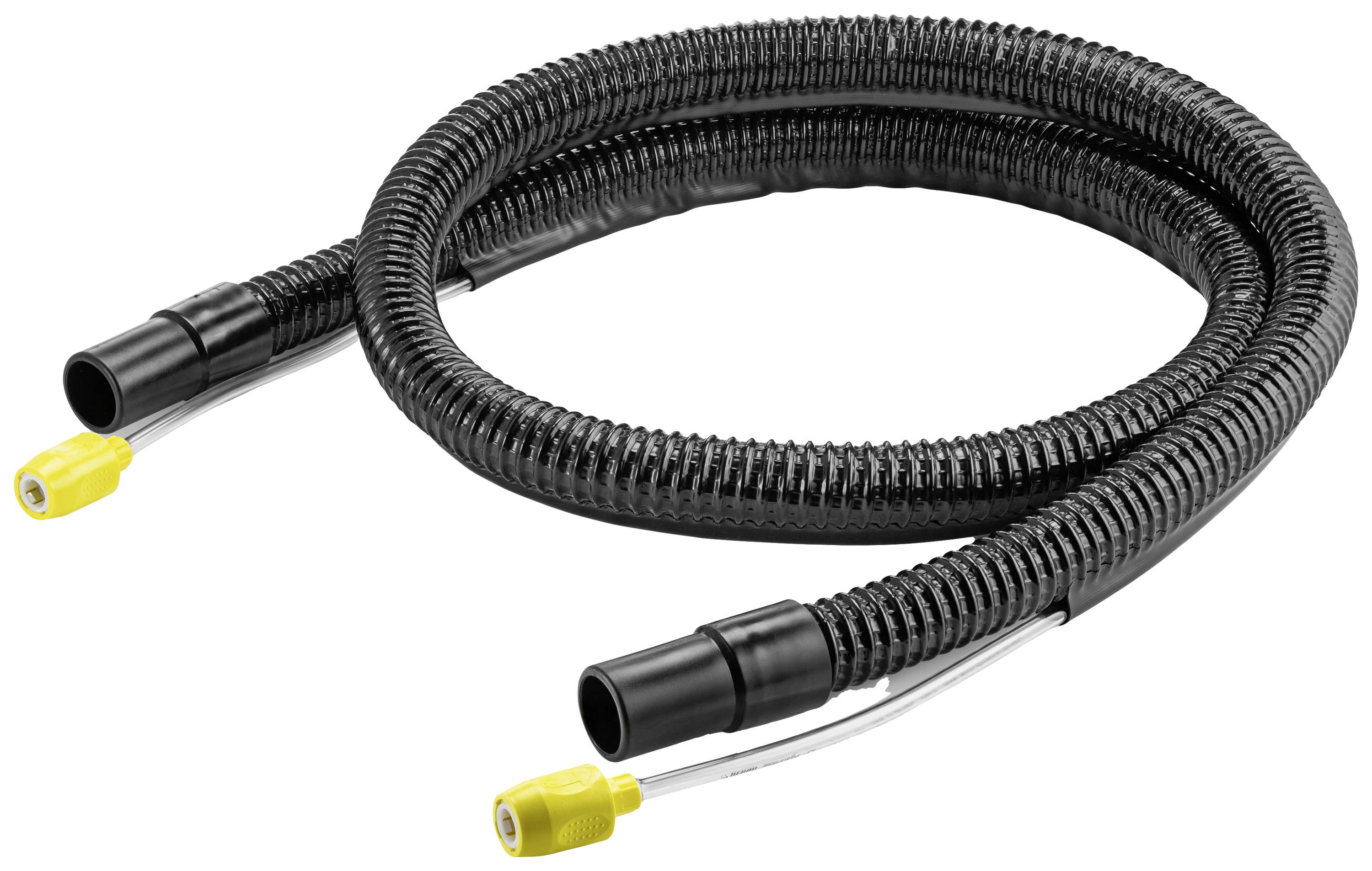 Ein schwarzer, flexibler Schlauch mit zwei gelben Anschlussstücken an den Enden, geeignet für den Anschluss an Gasgeräte.