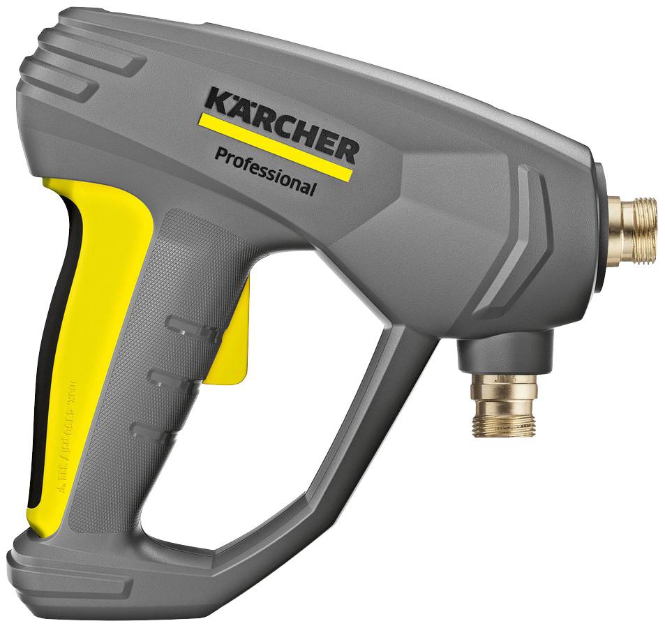 Grauer Hochdruckreinigergriff mit gelben Akzenten und dem Text 'Kärcher Professional' auf der Seite.