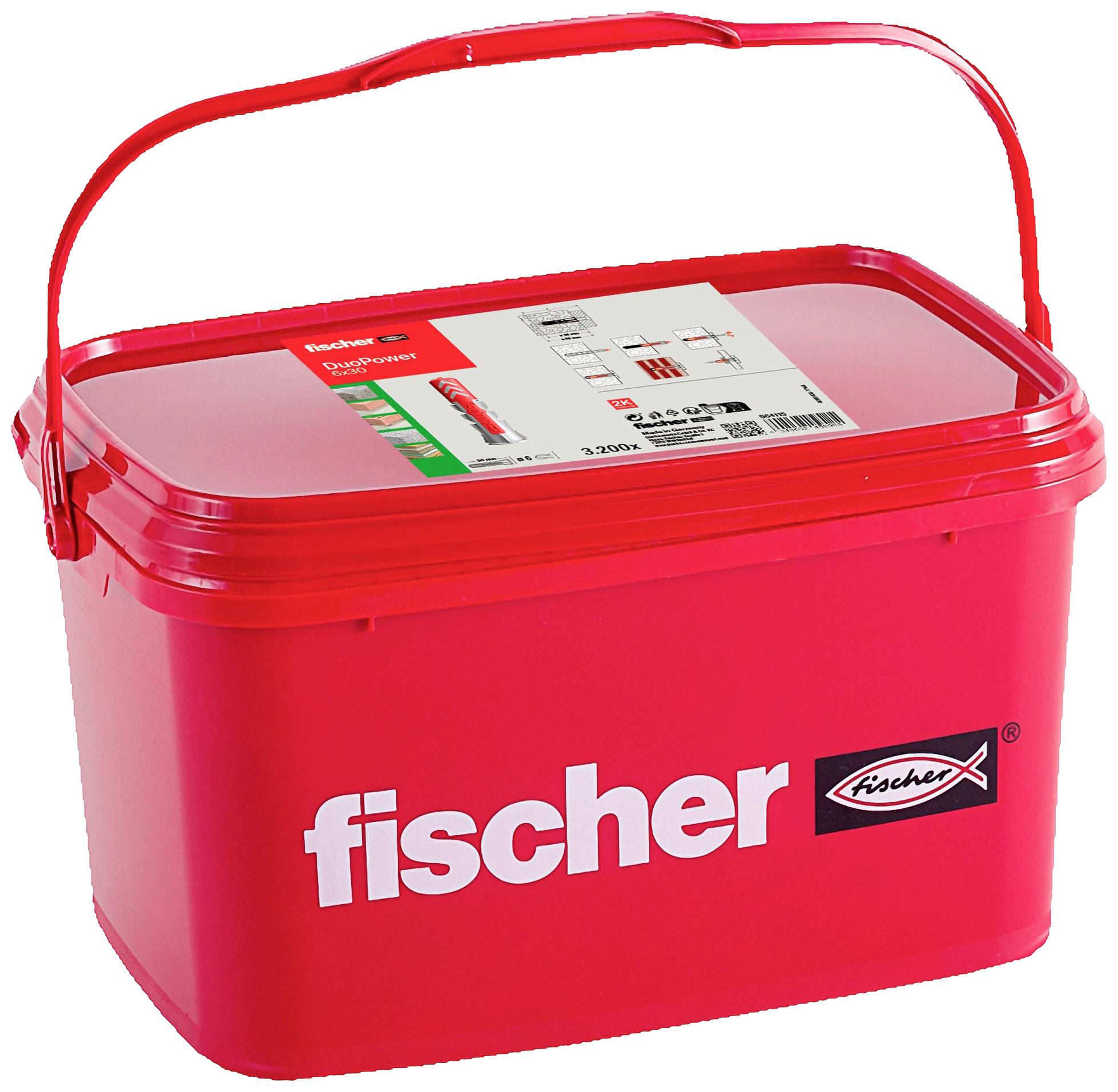 Roter Plastikbehälter mit weißem 'fischer'-Logo. Enthält technische Informationen auf dem Etikett auf der Oberseite.