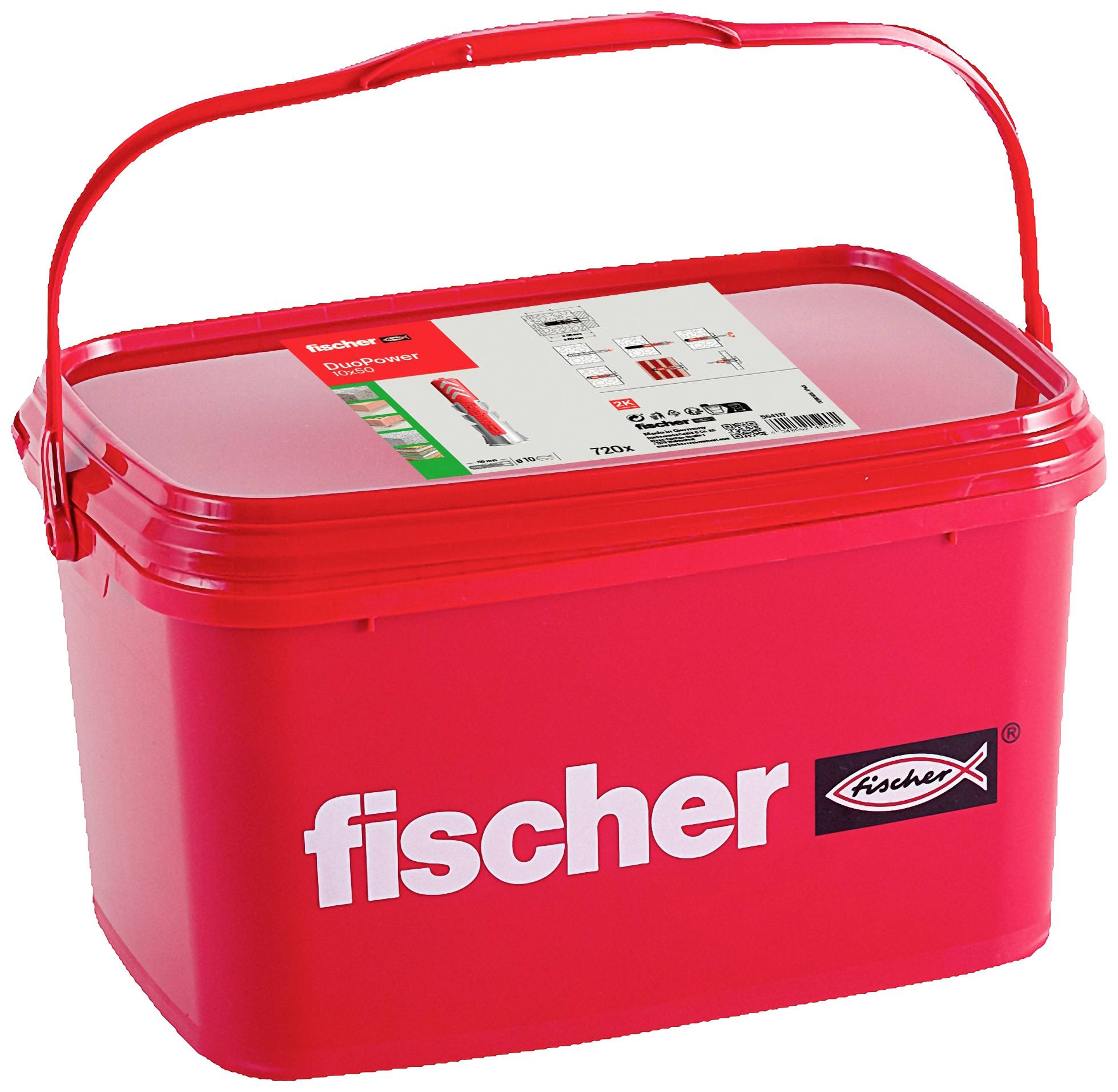 Ein roter Eimer mit dem Logo 'fischer' und einem Tragegriff. Auf dem Etikett sind Produktinformationen sichtbar.
