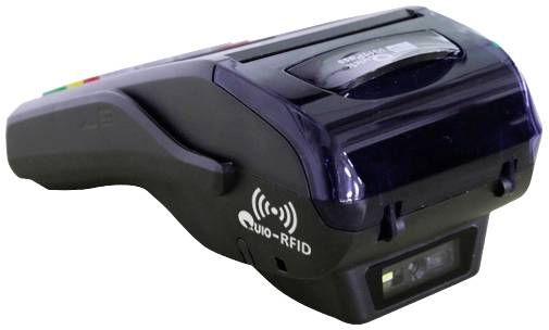 Tragbares RFID-Lesegerät, schwarz, mit integriertem Bildschirm und Barcode-Scanner, für die Datenerfassung und -verwaltung.