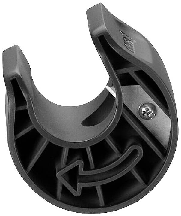 Schwarzes Kunststoffteil mit gebogenem Design und Pfeil, zeigt staubfreie Montage.