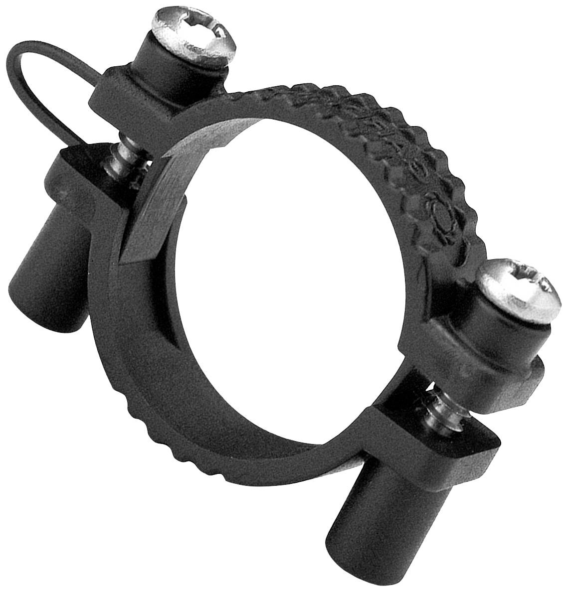 Eine schwarze Schlauchklemme mit Schrauben zur Befestigung. Sie dient zum sicheren Fixieren von Rohren in Maschinen oder Geräten.
