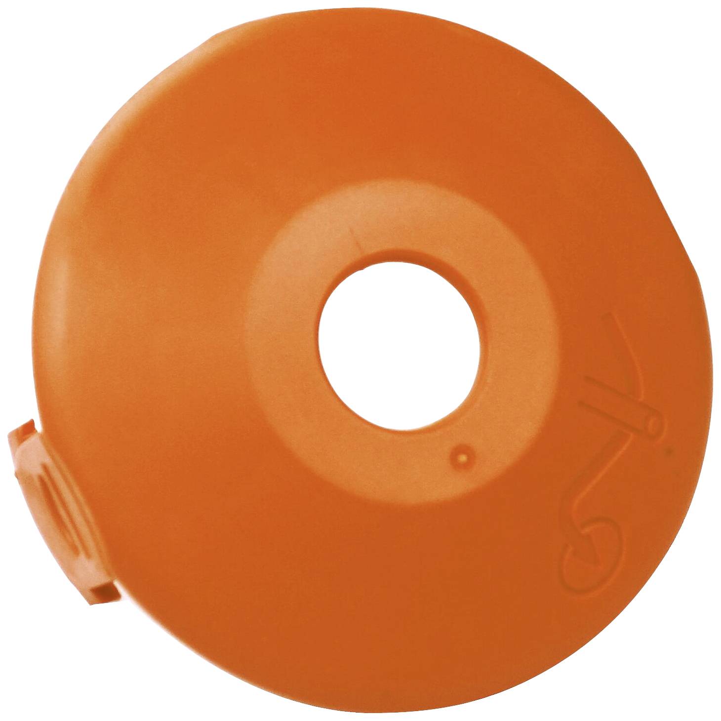 Ein orangefarbener, runder Kunststoffdeckel mit mittigem Loch und seitlichem Verschlussmechanismus.