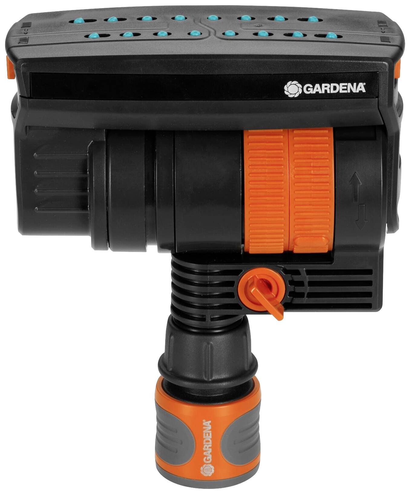 Sprinkler von Gardena mit schwarzen und orangefarbenen Elementen. Wasseranschluss und mehrere Einstelloptionen für die Bewässerung.