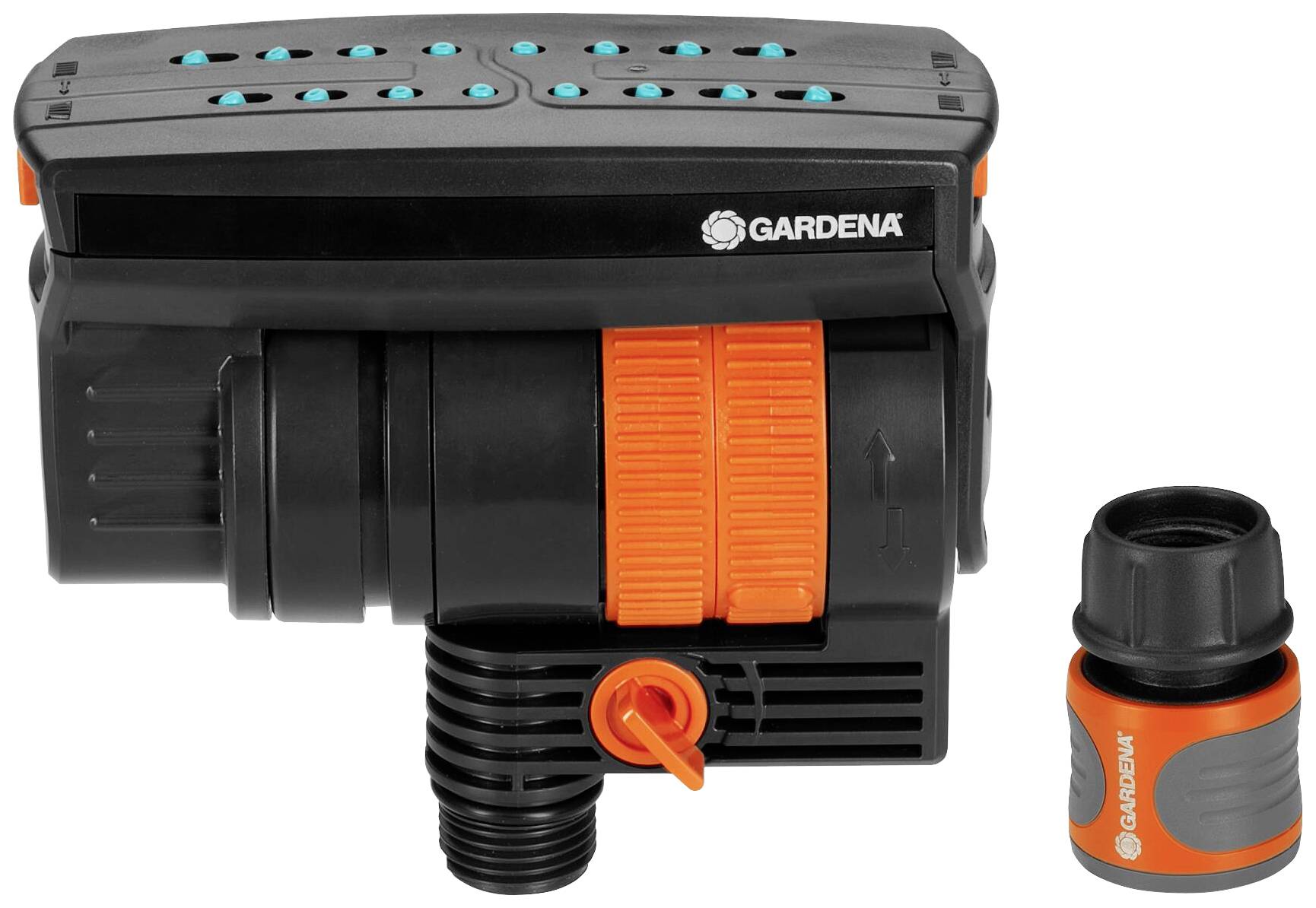 Sprinkler-Gießsystem von Gardena in Schwarz und Orange, inklusive Anschlussstück. Hauptkomponenten sind deutlich sichtbar.