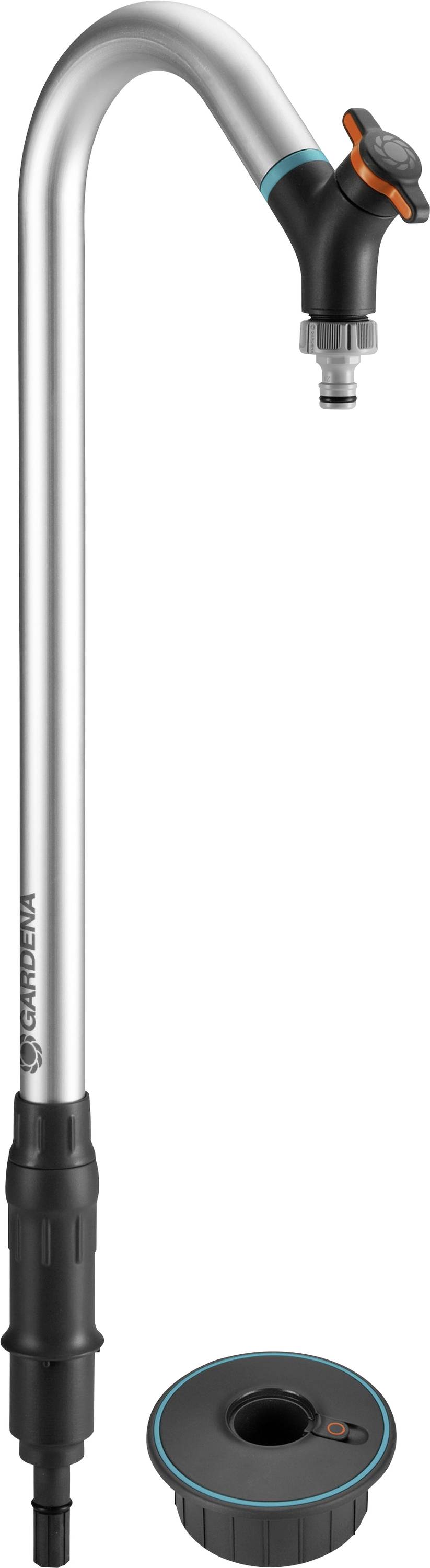 Ein Gartengeräteschaft aus Silber mit einer verstellbaren Düse und einer kreisförmigen Befestigung.