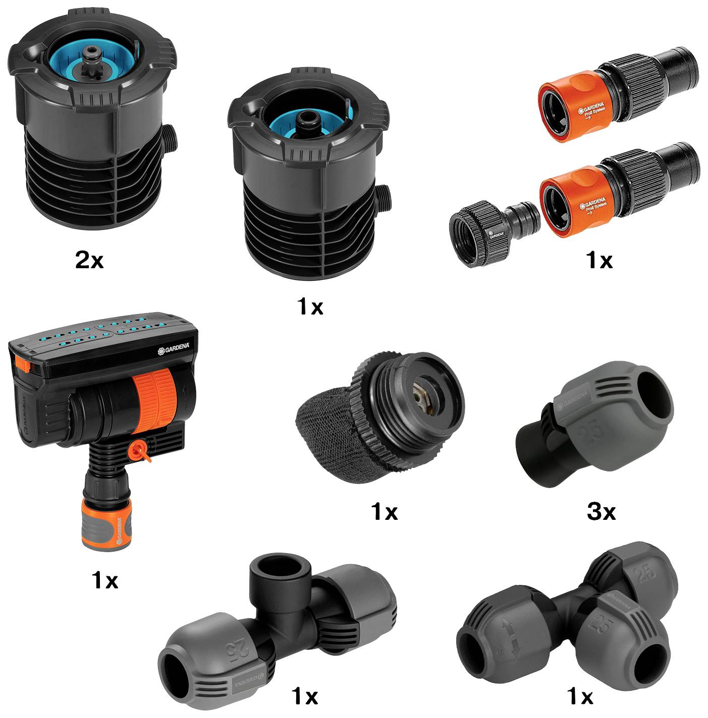Verschiedene Gartenbewässerungszubehörteile: zwei Ventile, ein Adapterpaar, eine Wasseruhr, ein Filter, drei Schlauchverbinder und ein T-Stück.