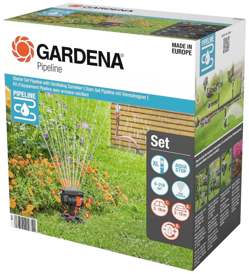 Verpackung eines Gardena Pipeline Startersets mit oszillierendem Sprinkler, zeigt Produktfoto, Funktionen und Größenangaben: 3-12 m.