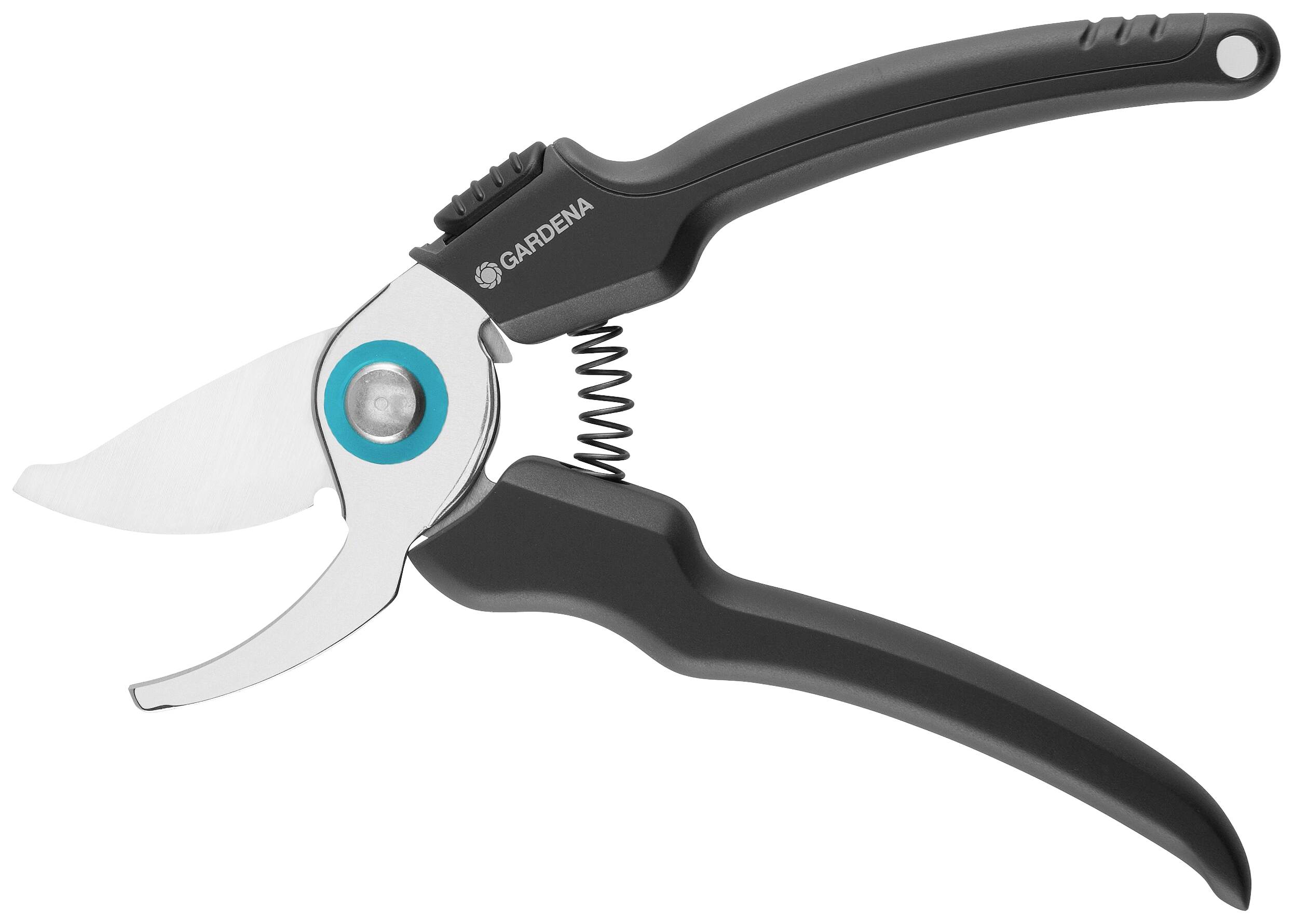 Schwarze und silberne Gartenschere mit blauen Akzenten und einer mittigen Feder, geeignet zum Schneiden von Ästen und Pflanzen.