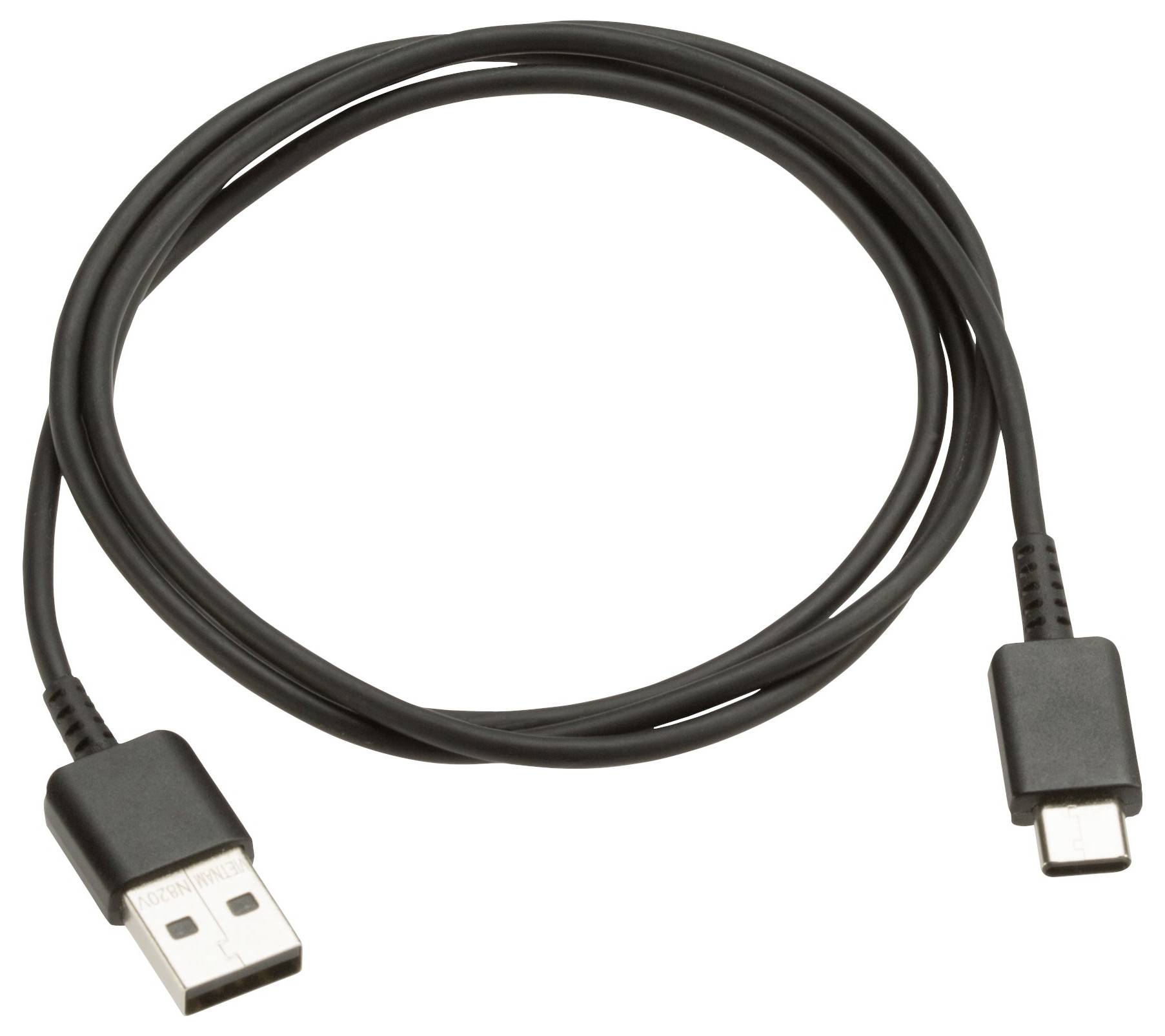 Ein schwarzes USB-Kabel mit einem USB-A-Anschluss an dem einen Ende und einem USB-C-Anschluss am anderen Ende, zu einer Schleife aufgewickelt, wird zum Laden oder zur Datenübertragung verwendet.