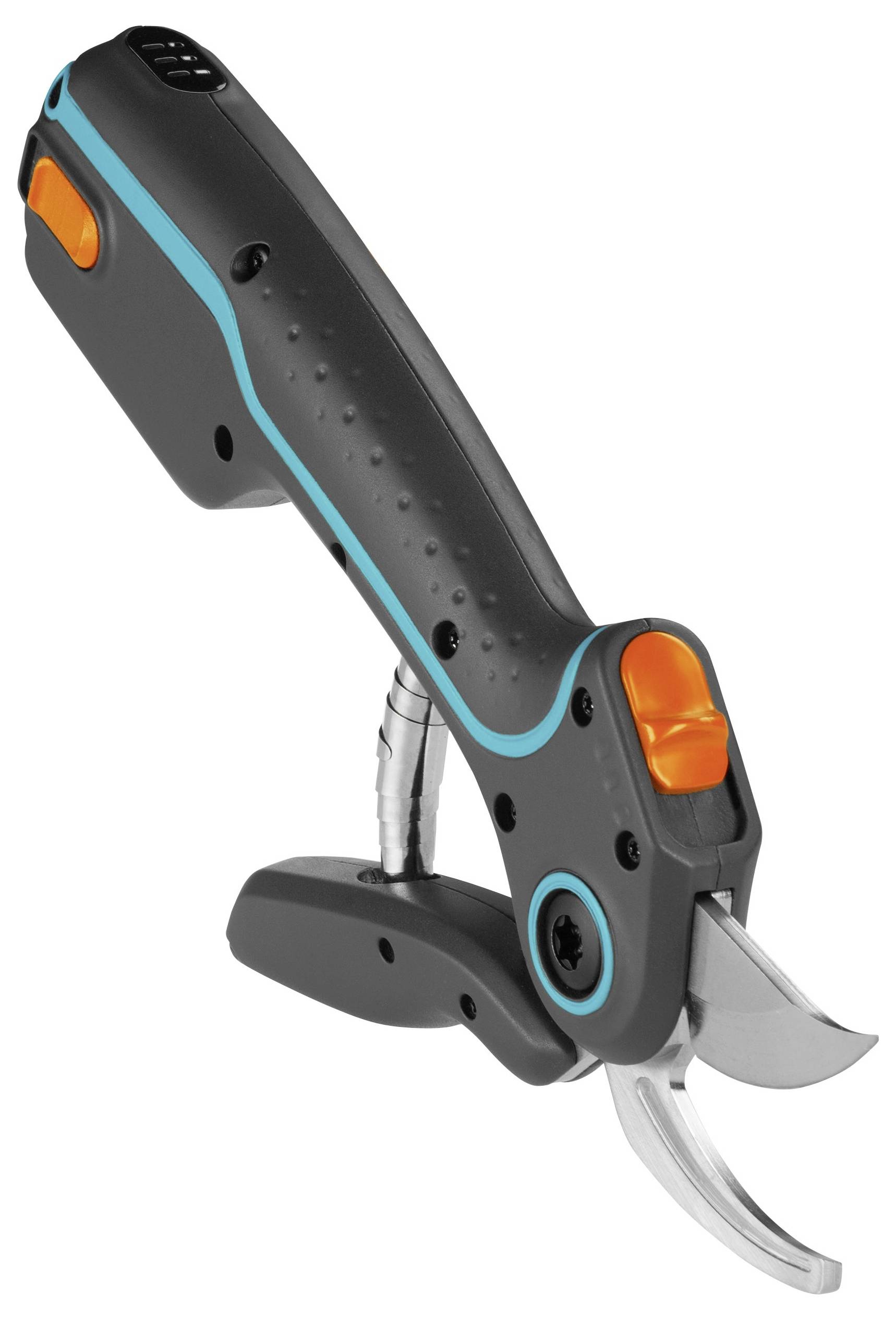 Eine tragbare elektrische Astschere mit schwarzem und blauem Design, mit orangefarbenen Schaltern und Klingen aus rostfreiem Stahl.