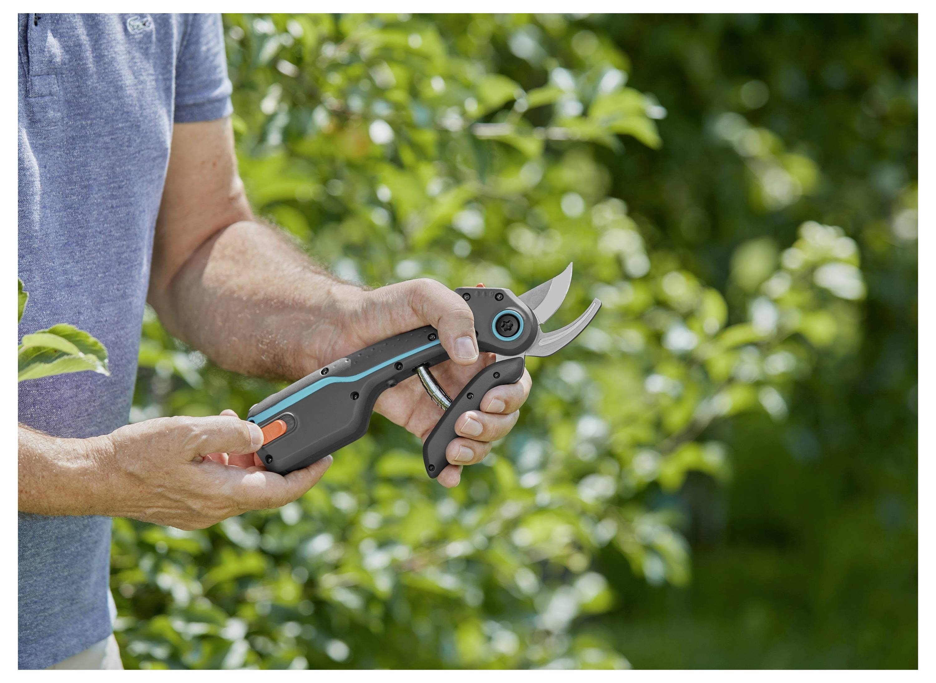 Eine Person, die ein Paar Gartenscheren in einem üppigen, grünen Garten hält, demonstriert deren Verwendung.