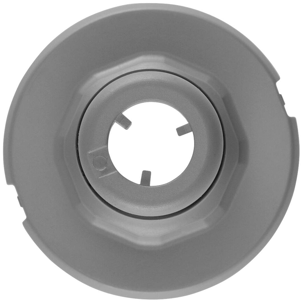 Ein graues, rundes Kunststoffteil mit mittigem Loch und mehreren Einkerbungen, möglicherweise Teil einer mechanischen oder technischen Vorrichtung.