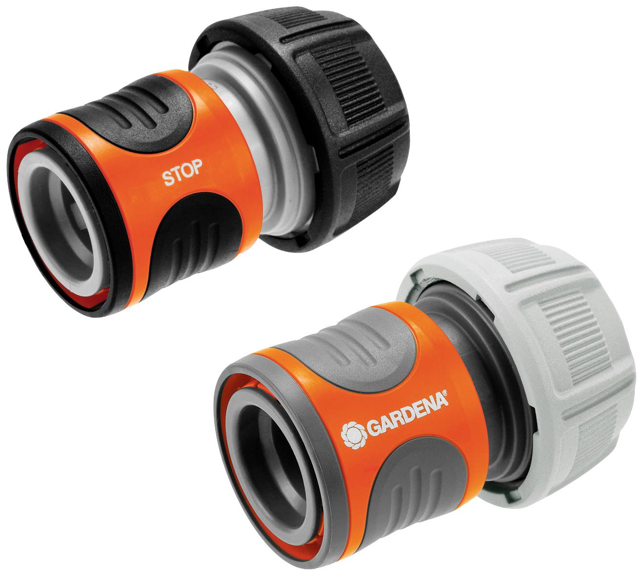 Zwei Gardena-Schlauchverbinder in Orange und Schwarz. Einer ist mit 'STOP' beschriftet, der andere mit dem Gardena-Logo.