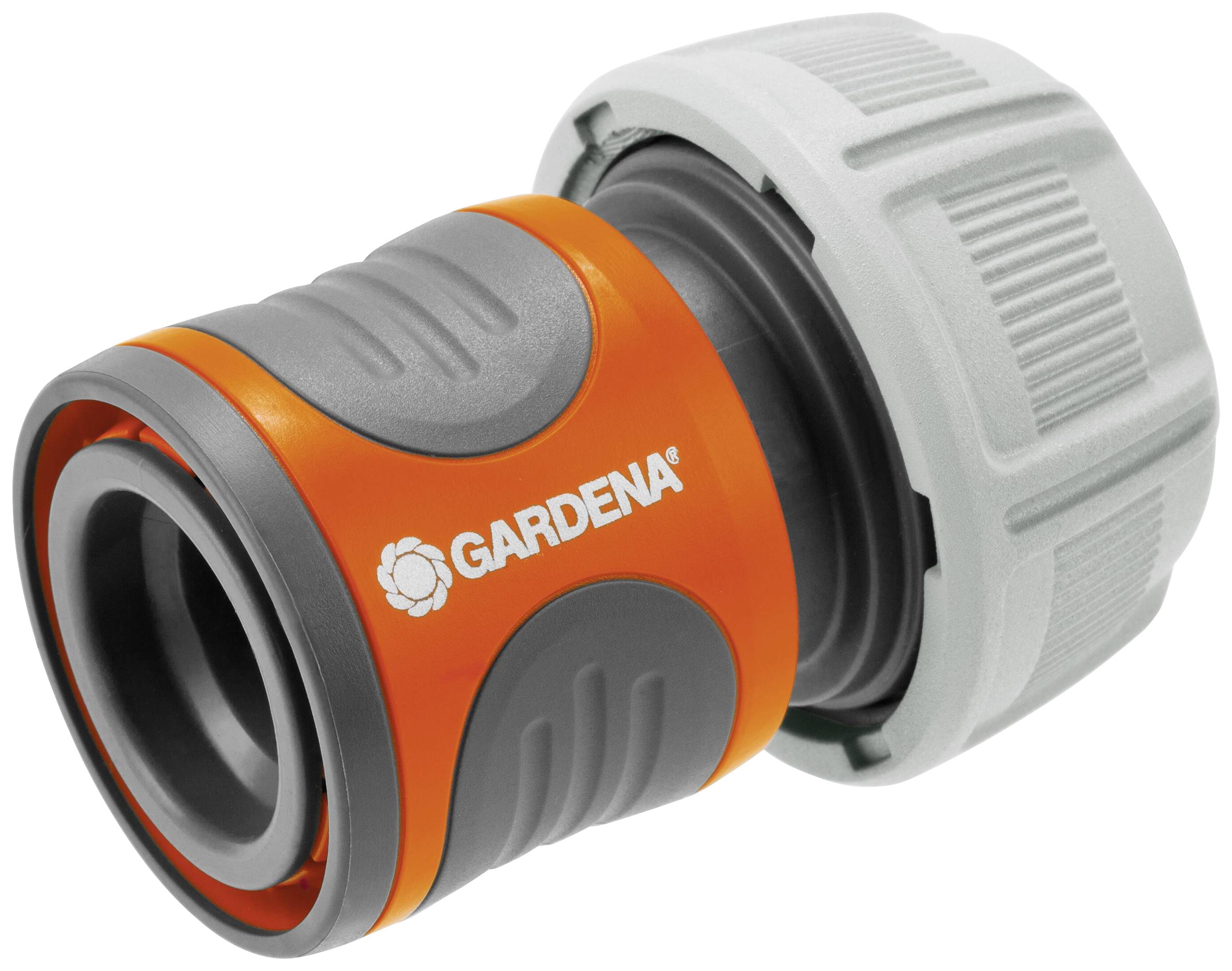 Gartenschlauchkupplung in Orange und Grau mit 'Gardena'-Logo. Verbindungsteil für Wasserschlauch, erleichtert das An- und Abkuppeln.