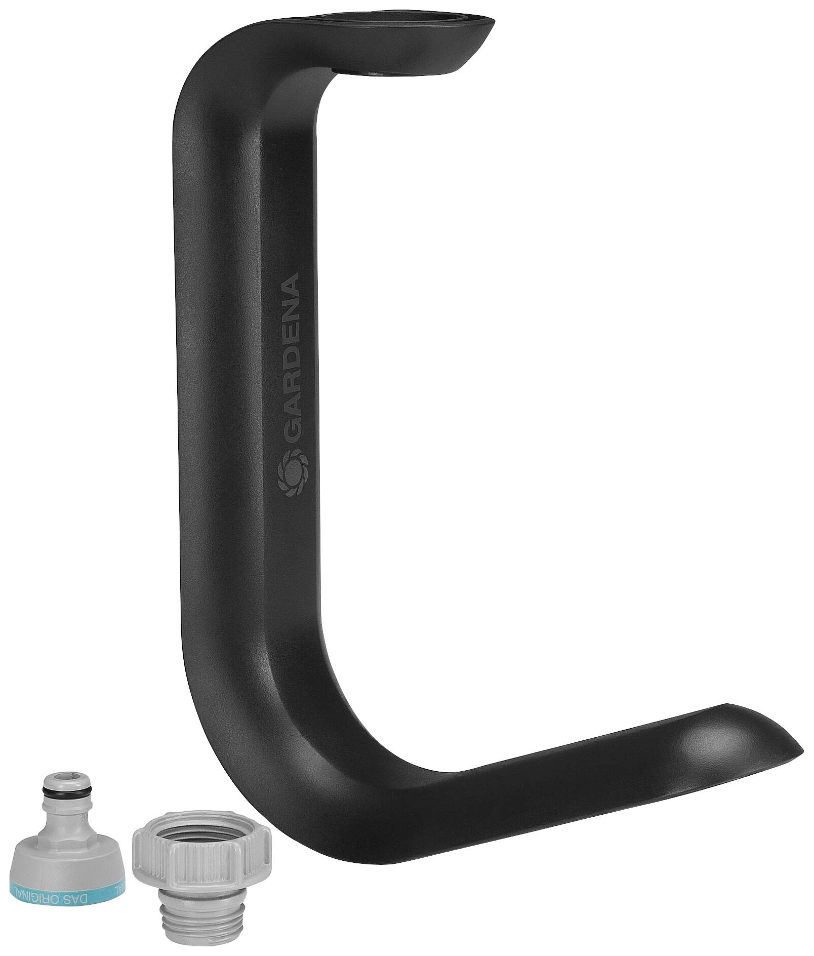 Halterung für Gartenschläuche in Schwarz mit einem Schlauchanschluss und einem Adapter.
