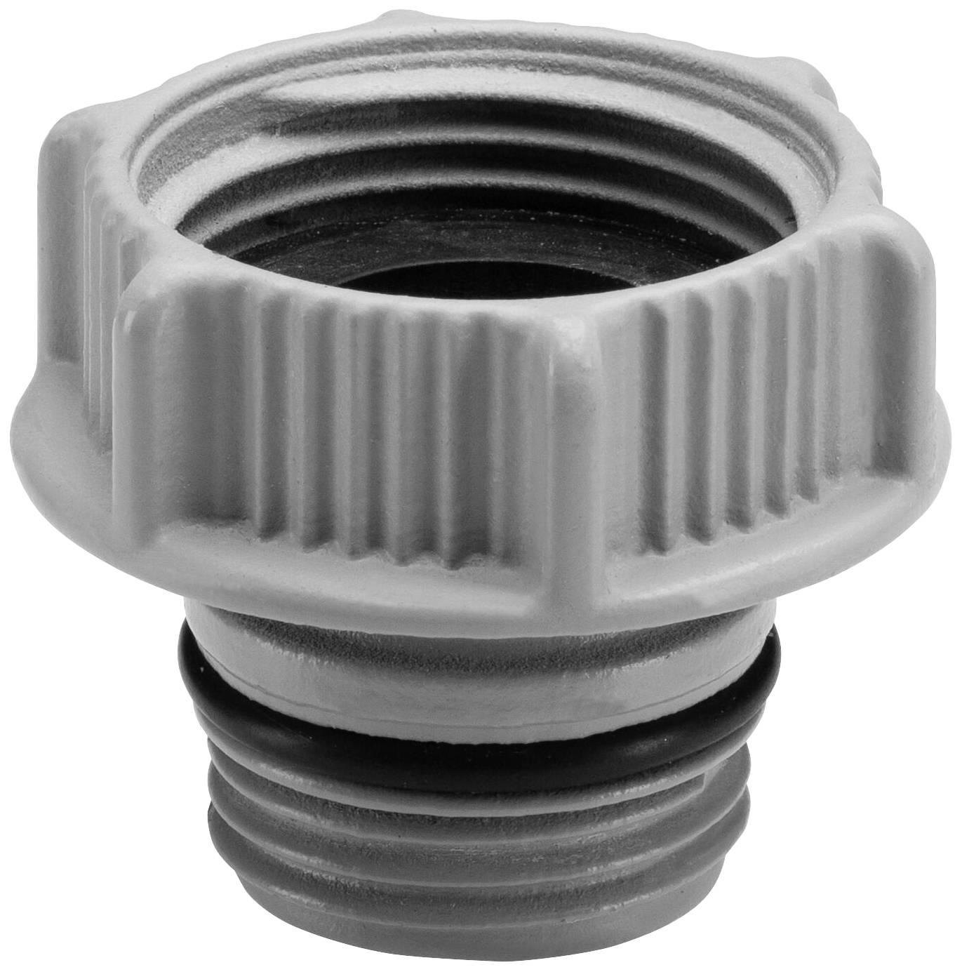 Ein grauer Schlauchanschlussadapter mit geriffeltem Rand und Dichtungsring, geeignet für Garten- oder Haushaltsanwendungen.